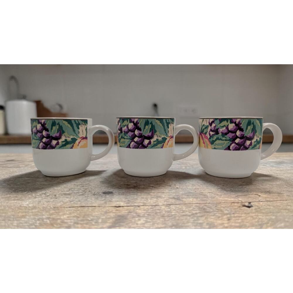 Vitromaster Fruit Tapestry Coffee Cups Set of 3 Stoneware 1991 Indonesia 3 1/8"